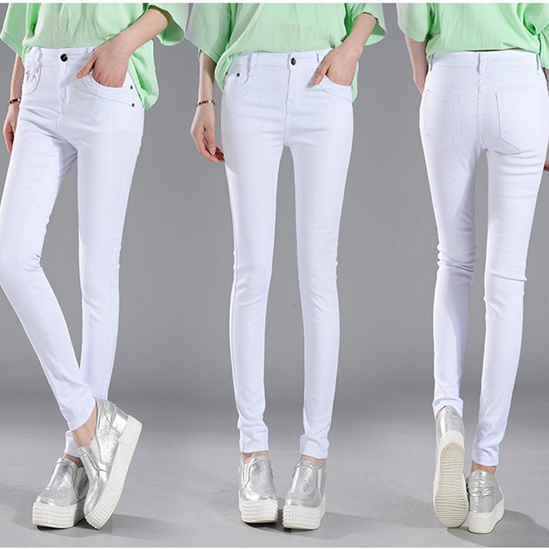 Candy-Colored Women's Mid-Waist Skinny Jeans: Sexy, Stretchy, Versatile Denim Pants In Solid White
