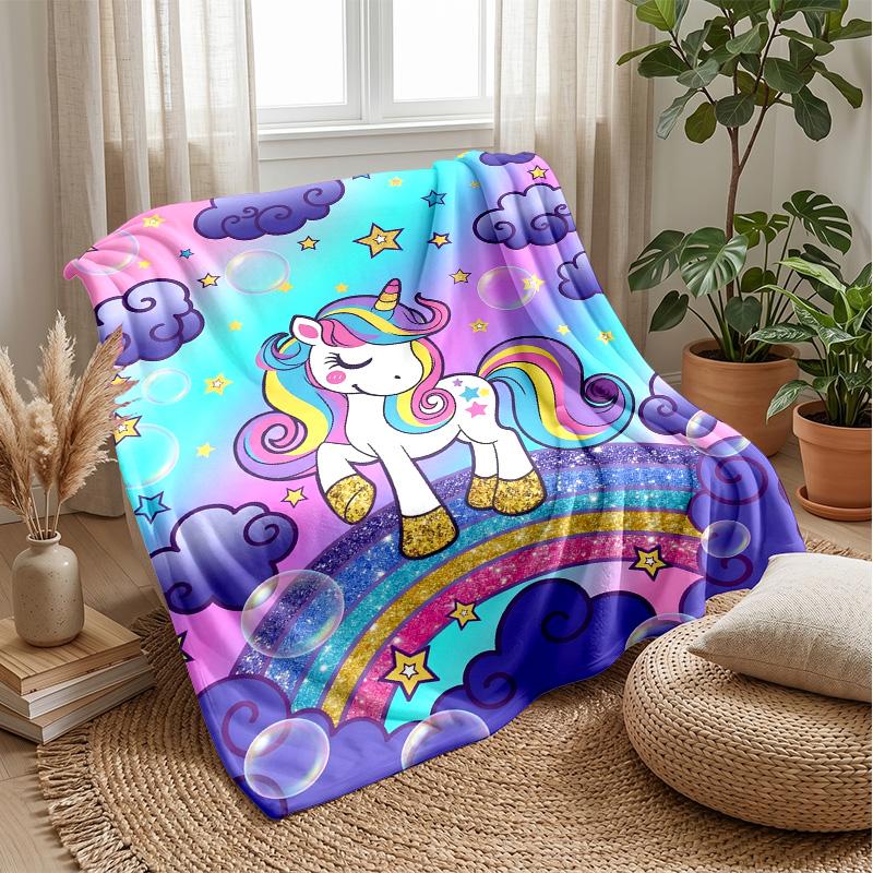 Fantasy Unicorn Rainbow Theme Blanket Lightweight Warm Flannel Blanket Decorative Throw Blanket for Home Decoration