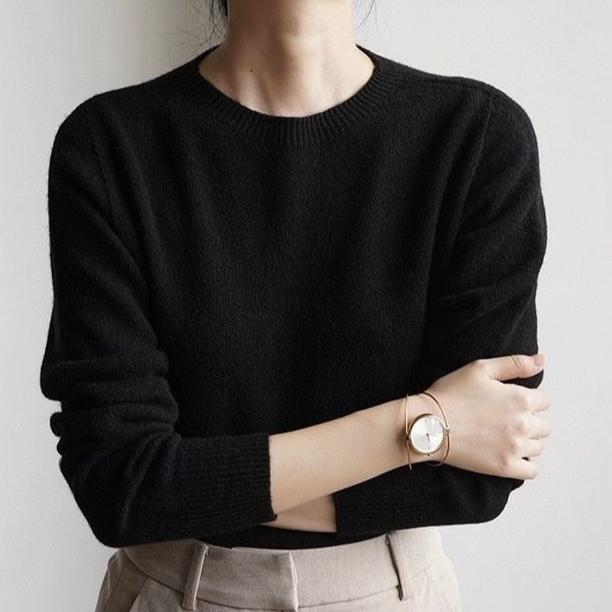 Ladies' Round-neck Pullover Slim Solid Color Sweater Versatile Long-sleeved Casual Knitted Sweater