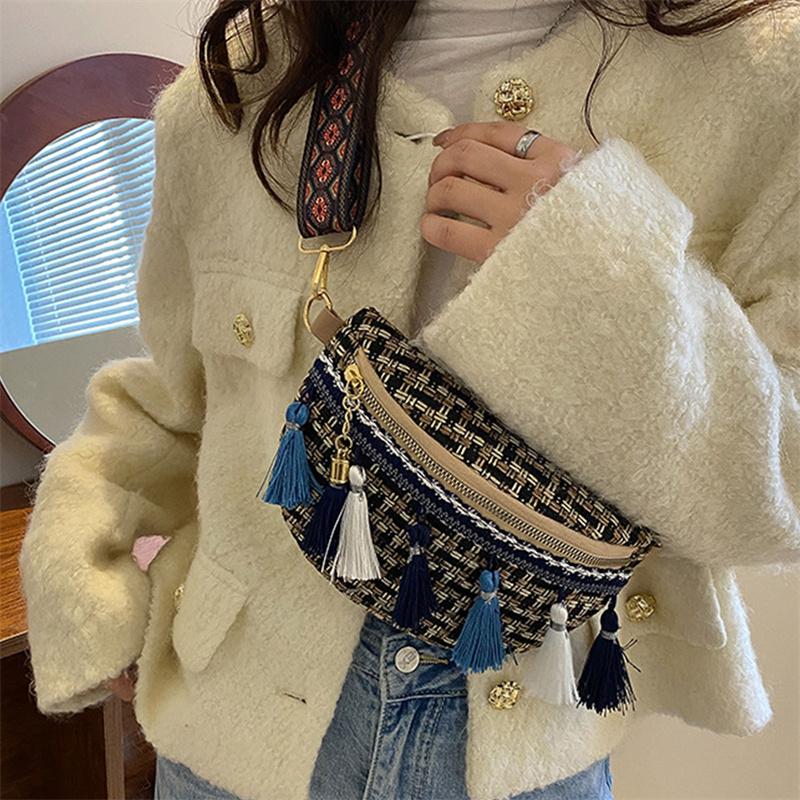Weave Crossbody Bags Female Tassel Waist Bag Retro Leather Shoulder Packs