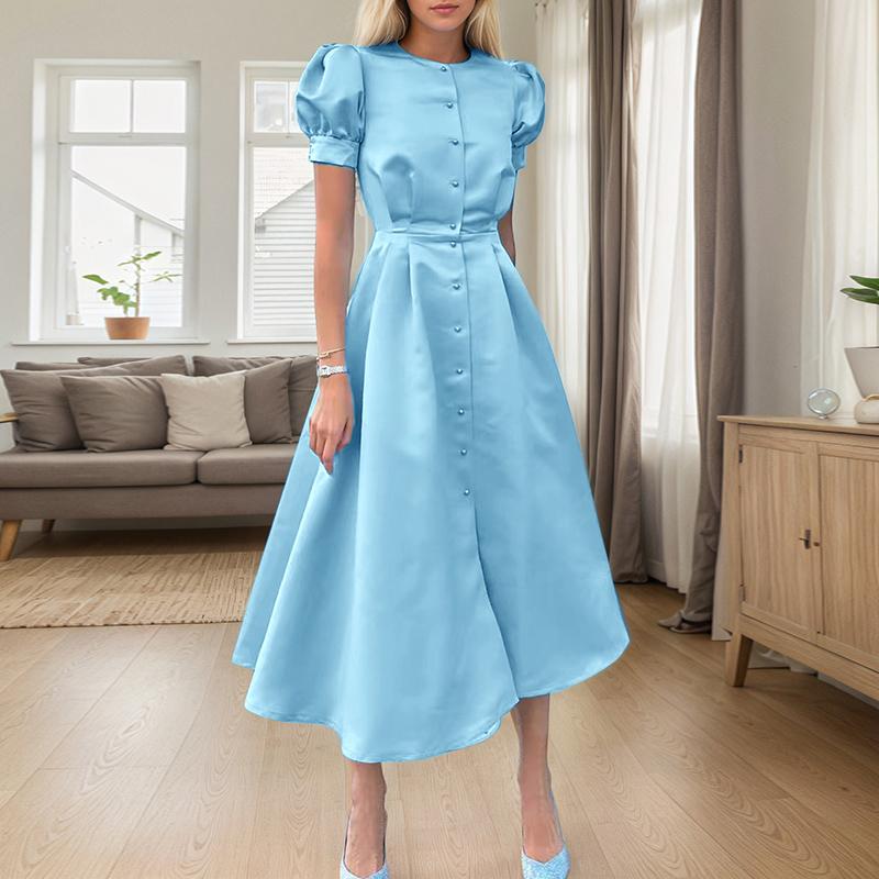 

ZANZEA Элегантное женское повседневное платье с круглым вырезом, пышными короткими рукавами и длинной юбкой S синий