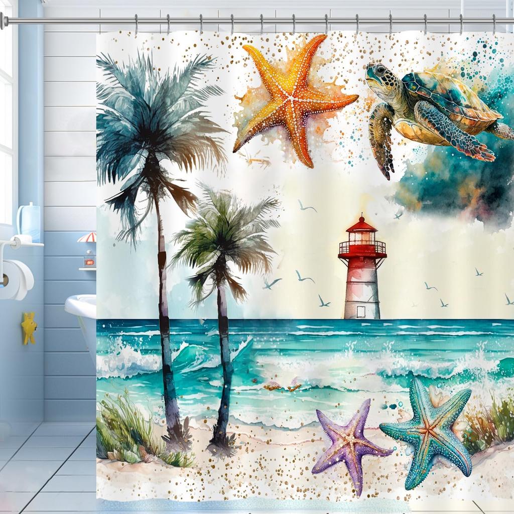 Cute Sea Turtle Shower Curtain Ocean Octopus Fish Shower Curtain for Bathroom Waterproof Fabric Bathroom Curtain with 12 Hooks
