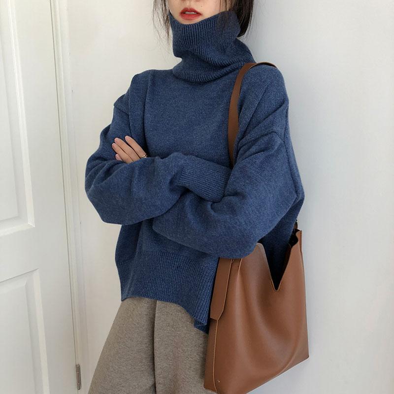 Kašmírový oversized rolák pletený svetr dámské zimní tlustý teplý jednobarevný základní pulovry žena ležérní měkký svetr s dlouhým rukávem