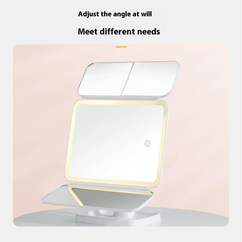 Folding LED Makeup Mirror 3 Tone Lights Portable Compact Desktop Vanity Mirror Magnifying Rotable Lighted Makeup LED Mirror
