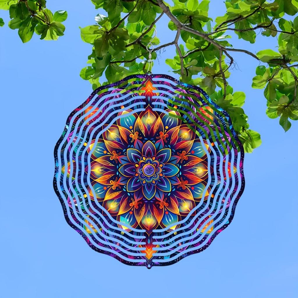 10palcový barevný mandala větrník – 3D laserem řezaná kovová umělecká dekorace, 360° otočný háček pro vnitřní/venkovní použití – Živý geometrický zahradní větrník