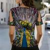 Damen V-Ausschnitt Cold Shoulder Bluse Schwarze Basis Lebendiger Gelb-Grüner Pfauenfederdruck Oberteil