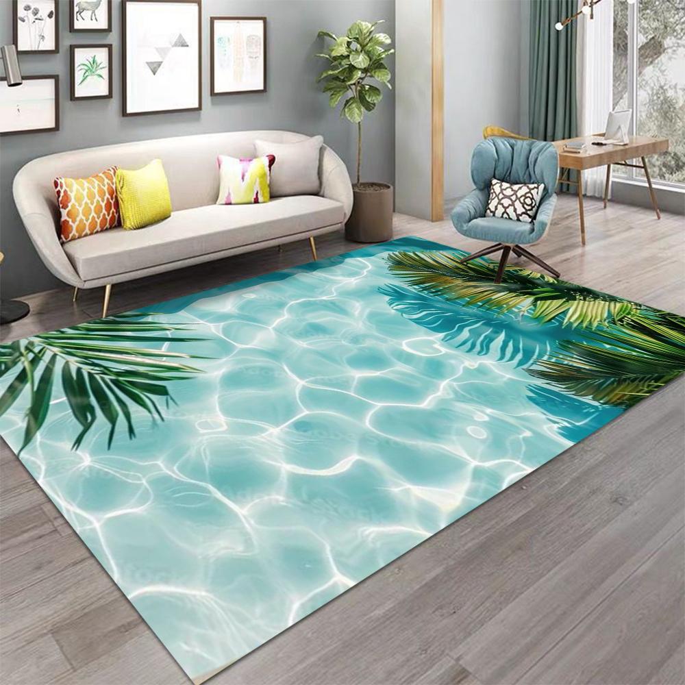 Carpet With Swimming Pool Water Pattern Tropical Palm Leaf Float Ring Flower Designs NonSlip Rug For Living Room Decor