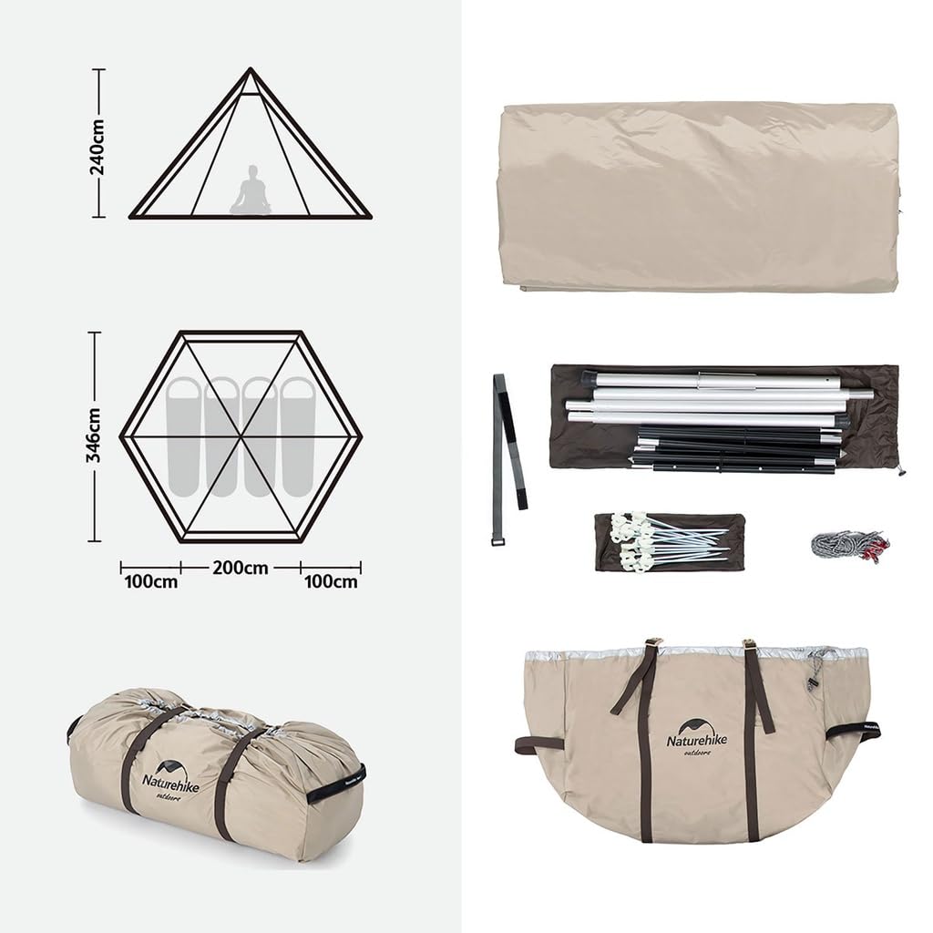 Naturehike Šestihranná pyramida s jednou tyčí, vhodná pro všechny typy stanů, snadné zatemnění, ochrana proti slunci, včetně sněhové zástěry, pro 3-4 osoby, roční období, montáž, kompaktní...