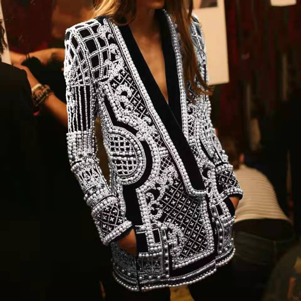 Vintage European and American V-neck Long-sleeved Medium and Long-cut Suit Top Bubble Bead Printing Bead Coat