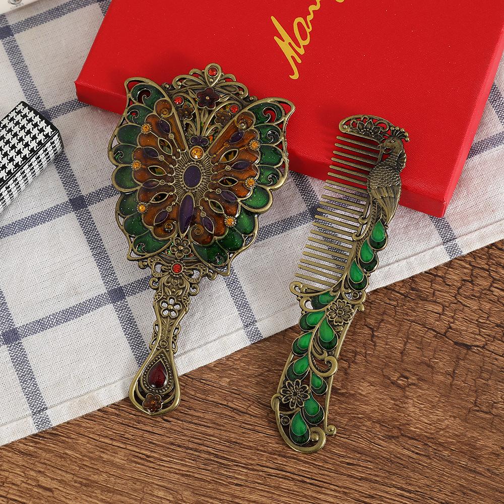 1set Vintage Peacock Makeup Mirror and Comb Women Portable Handheld Travel Vanity Mirror Elegant Retro Design