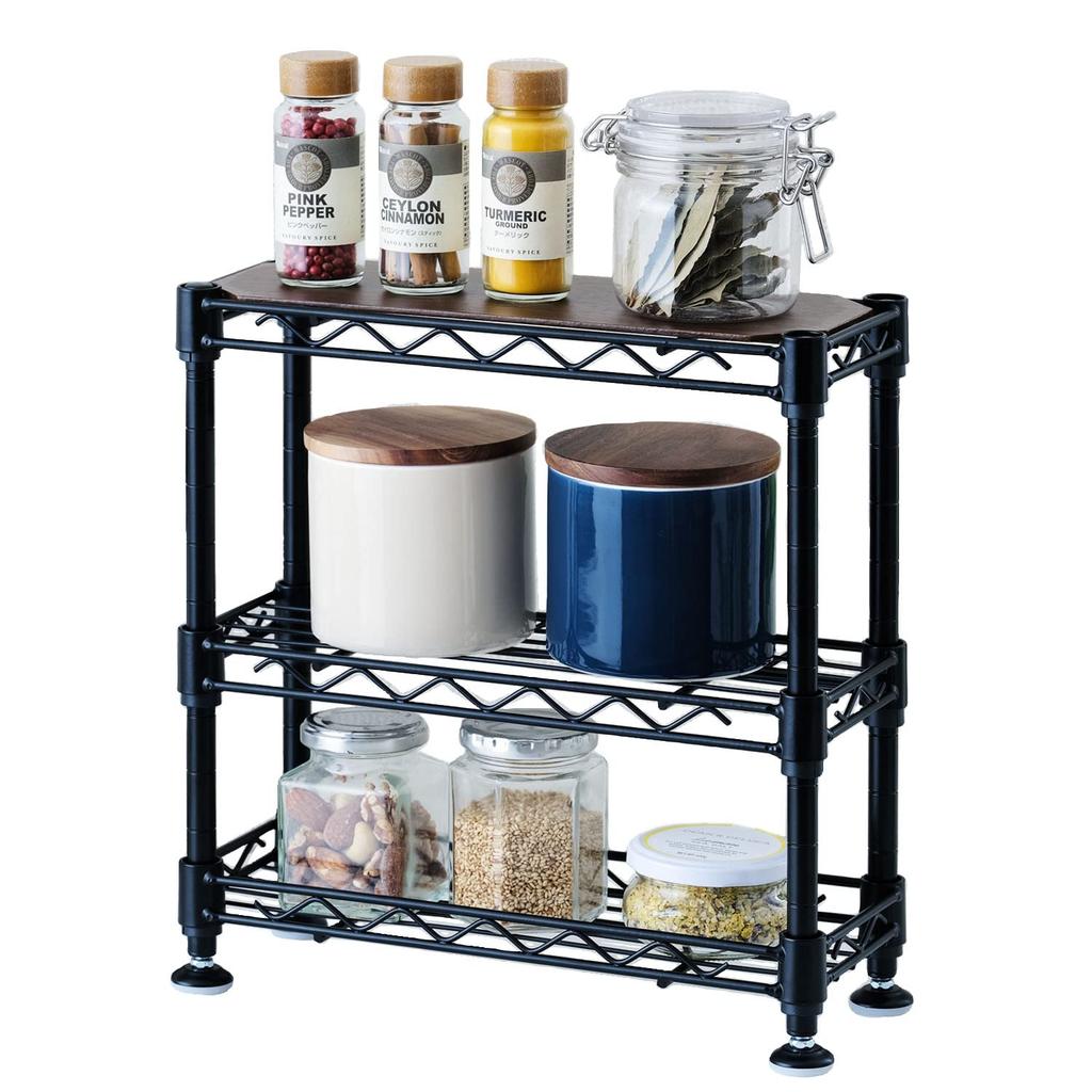 Doshisha 3-Tier Spice Rack, Tabletop Mini Rack, Black, 30cm (W) x 12cm (D) x 30cm (H), CM3030-3BK. Adjustable shelf positions, 30kg shelf load capacit