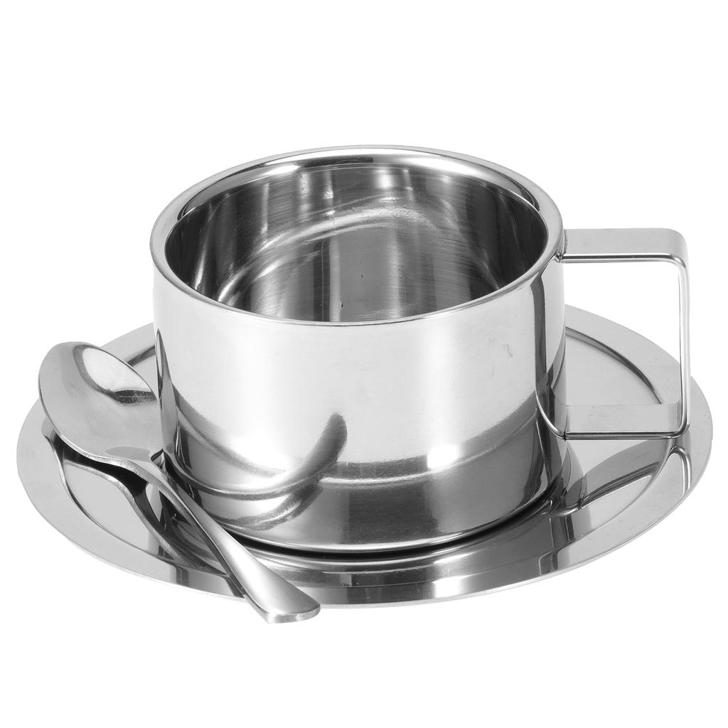 3Pcs Set 304 Stainless Steel Coffee Cup Double Wall Coffee Mug Spoon Saucer Set Kitchen Supplies