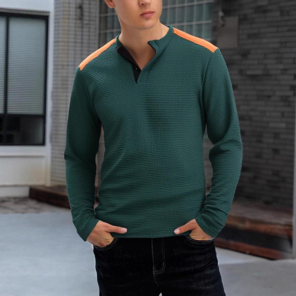 New Men's Men's Waffle Casual Versatile Two-color High Collar Button Long Sleeve Henley