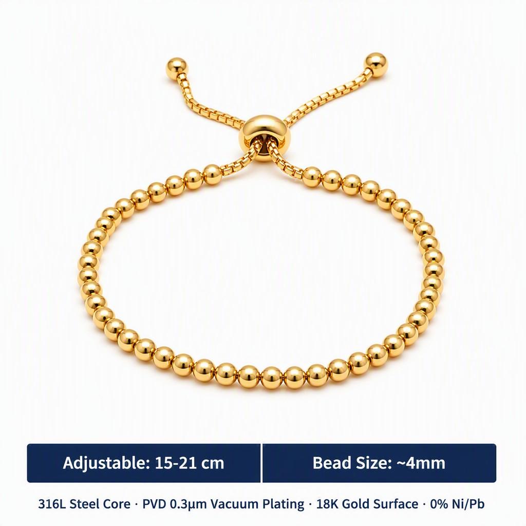 Ready to Ship 18K PVD Stainless Steel Gold Bead Bracelet Adjustable Stainless Steel Gold Bracelet for Women