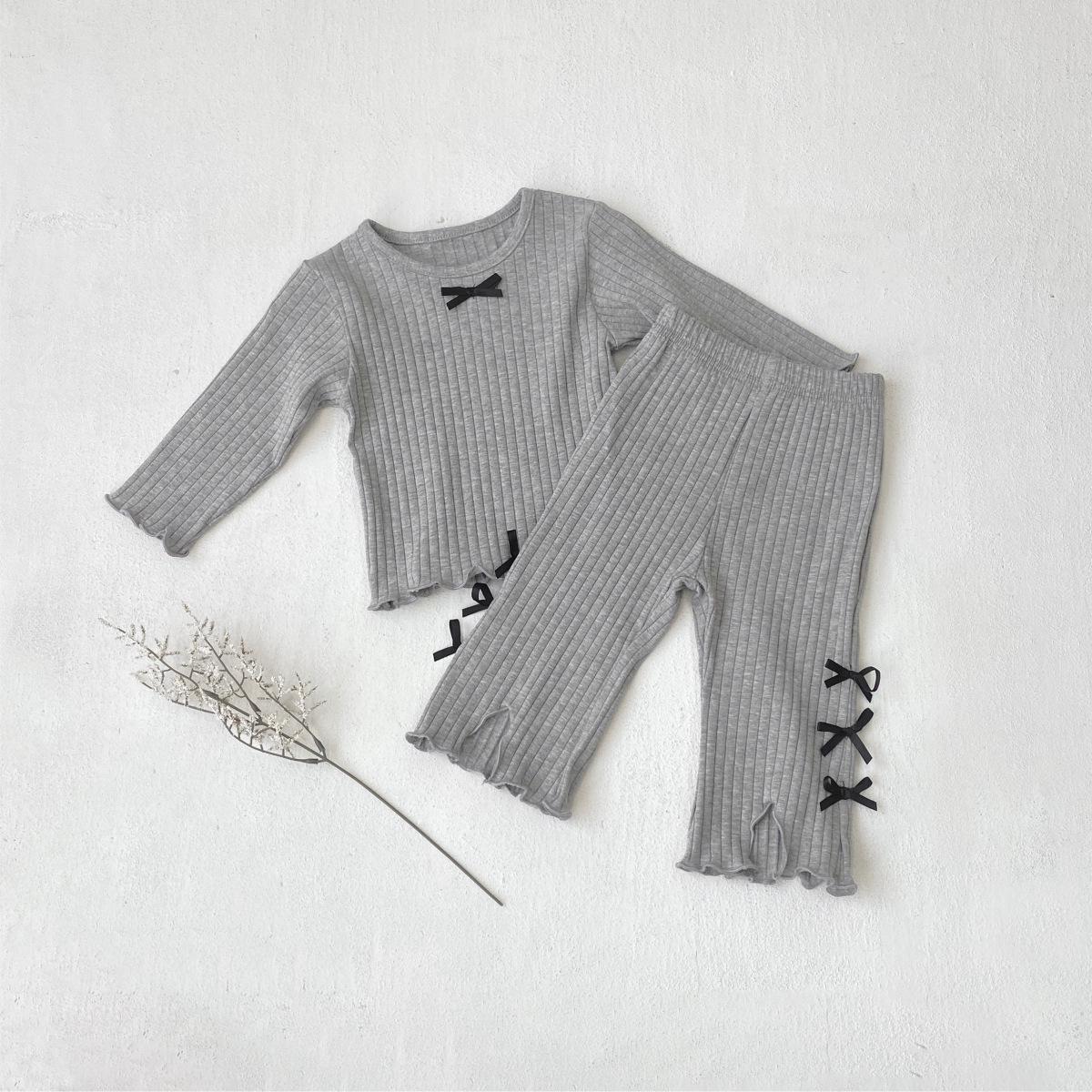 Girls Ribbed Bowknot Pajama Set - Spring/Autumn Two-Piece 73 cm