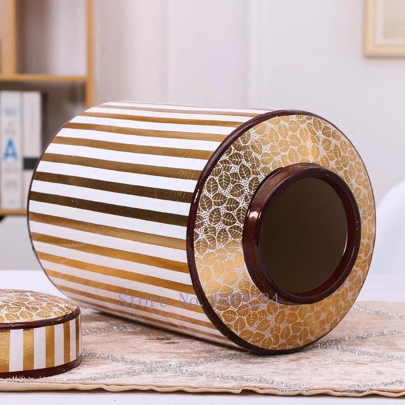 Creativity Ceramics Vase with Cover Golden Stripe Modern Storage Jar Modern Home Desktop Flower Arrangement Vases Decoration