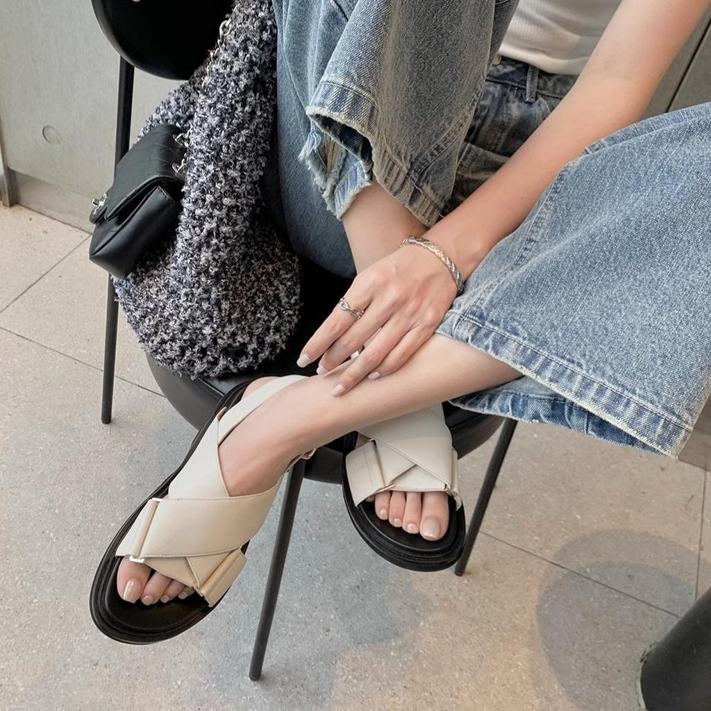 [Shei Su Yinyin] Classic~ Imported Fetal Sheepskin Cross with Open-toed Casual Thick-soled Roman Sandals Women's Summer