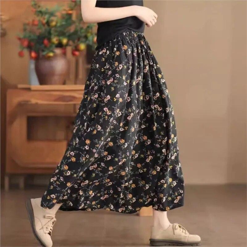 Floral Print Vintage Johnature Women Skirts Elastic Waist Casual Cloths Spring Soft Women Aline Skirts