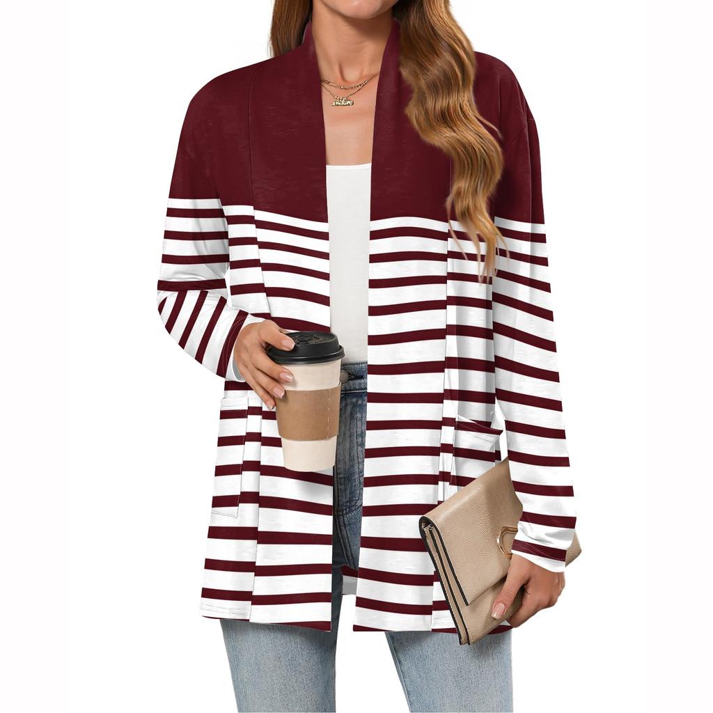 Dámské lehké kardigany s otevřeným předním dílem, dlouhým rukávem, ležérního volného střihu, tenké kardigany s kapsami