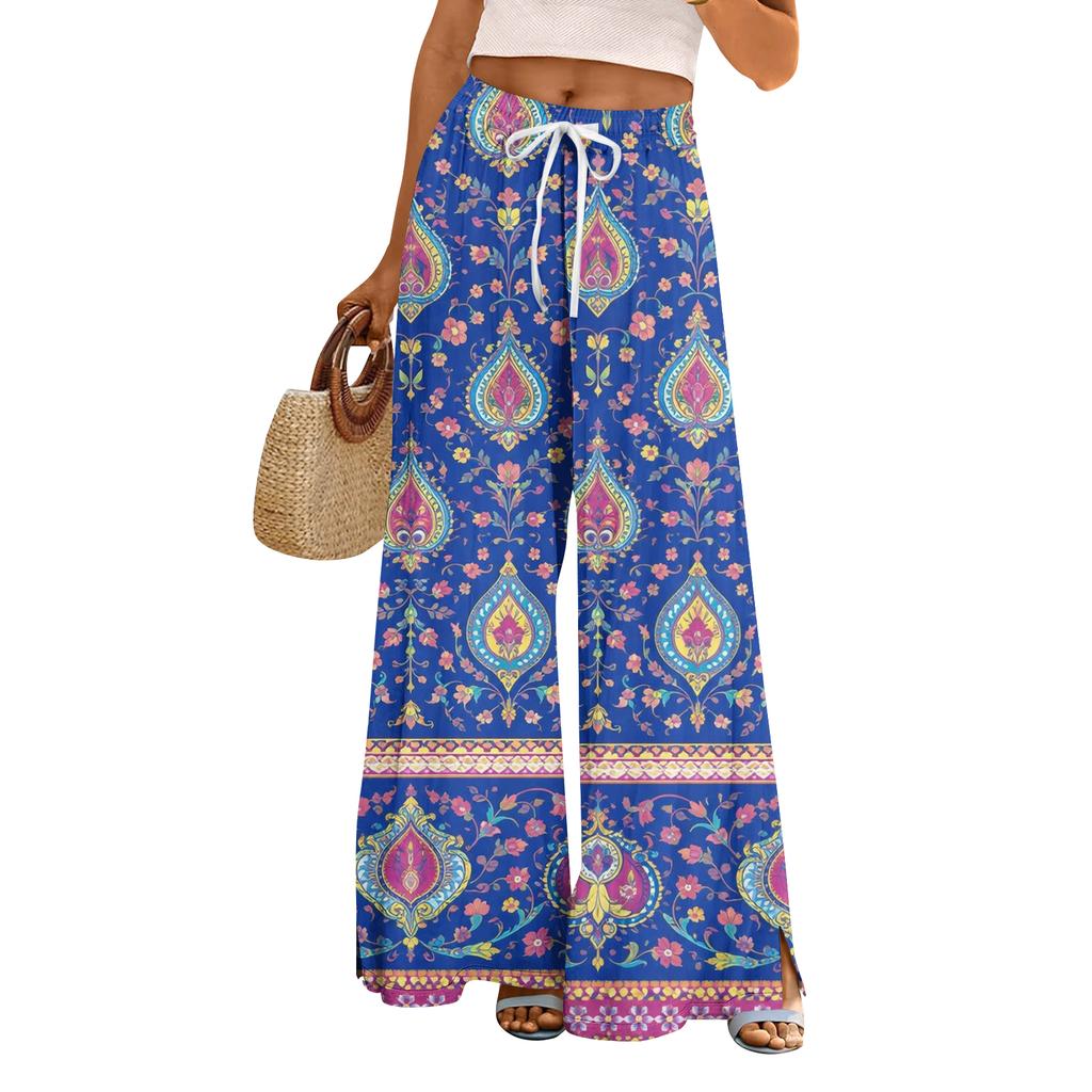 Women Summer Boho Palazzo Pants High Waist Wide Leg Printing Casual Trousers With Pockets