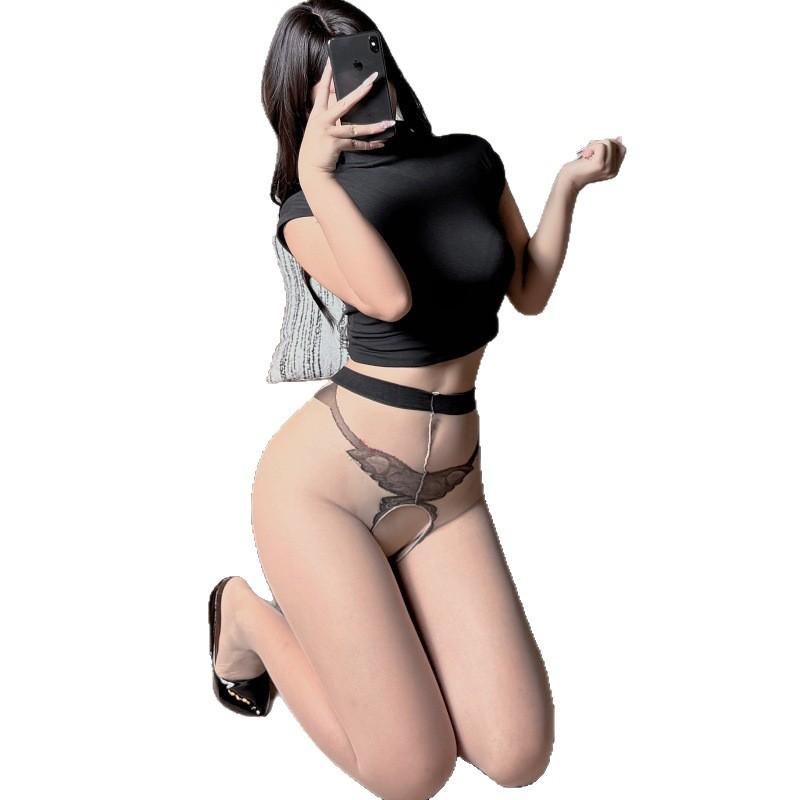Thin Line Butterfly Crotch Pink Open Crotch Sexy Silky Stockings Women'S Summer Pantyhose Integrated Stockings