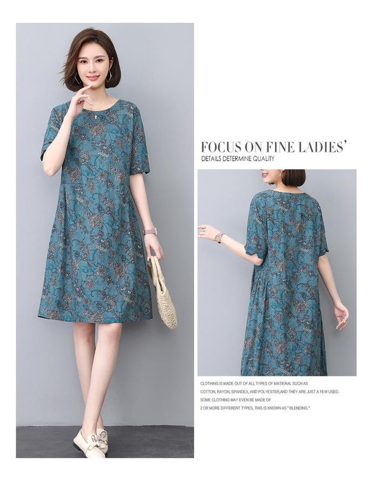 Floral Linen A-Line Dress for Women, 2024 Summer Collection – Elegant Slimming Style for Middle-Aged Mothers