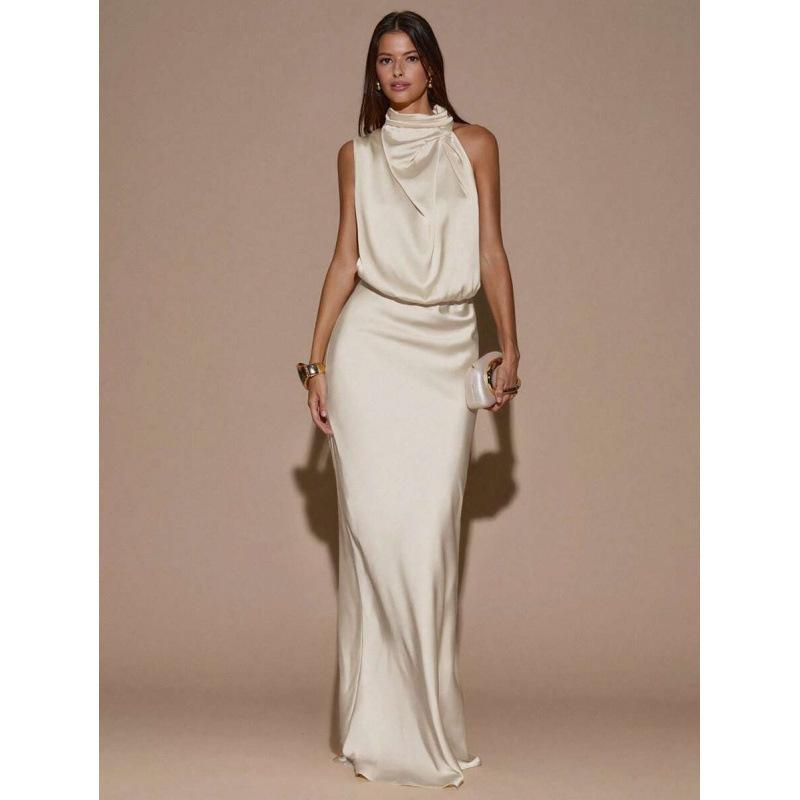 Europe, America 2026 summer new sexy simple asymmetrical elegant satin fishtail dress women XS абрикосовый