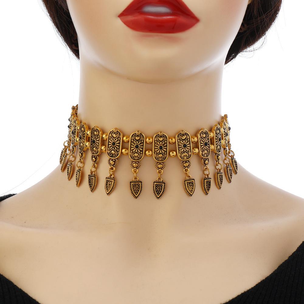 New Fashion Ethnic Style Retro Antique Alloy Carved Rhinestone Women s Neck Chain Choker Necklace Indian Jewelry