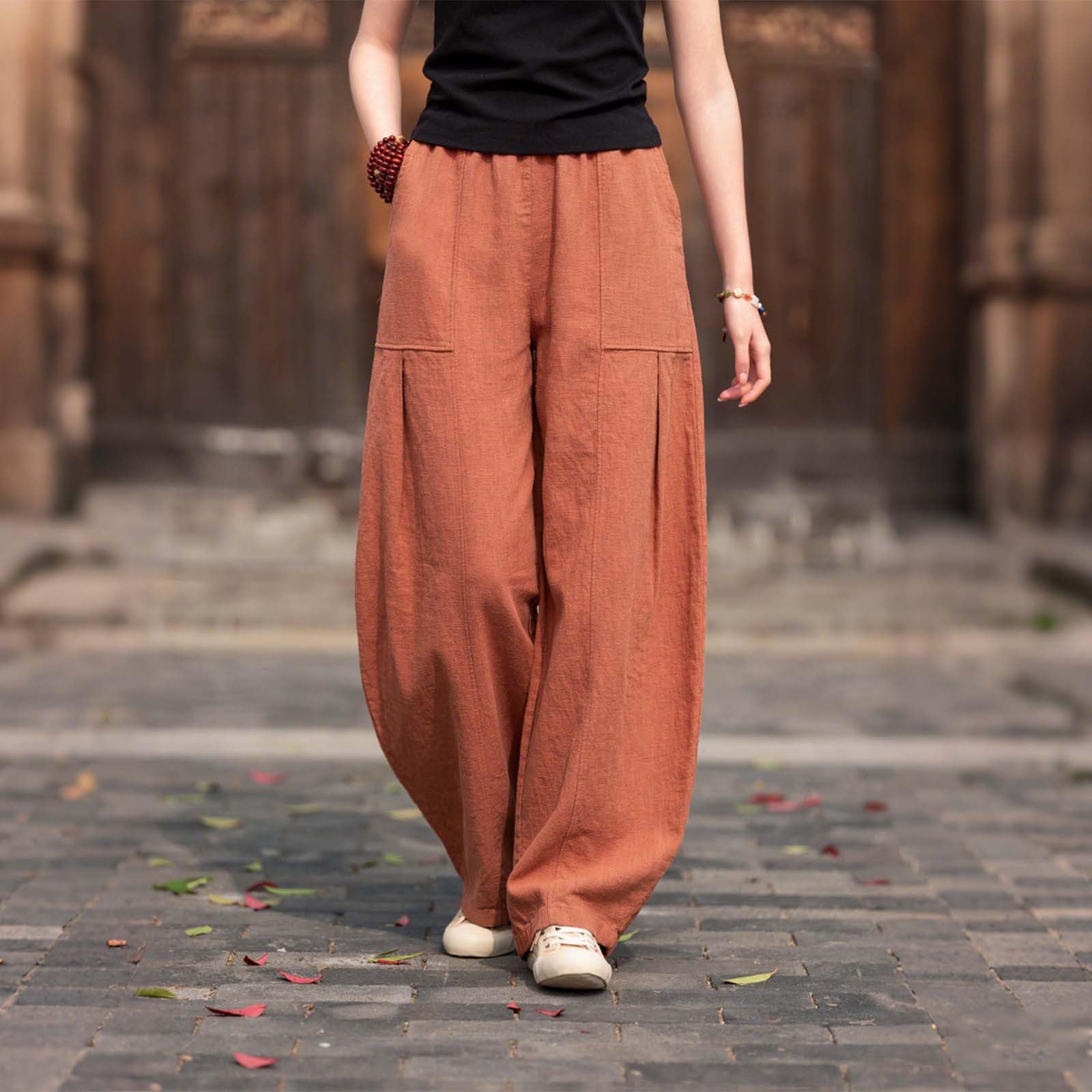 

Ladies Color Casual Fashion Breathable Loose Cotton And Linen Pants M червоний