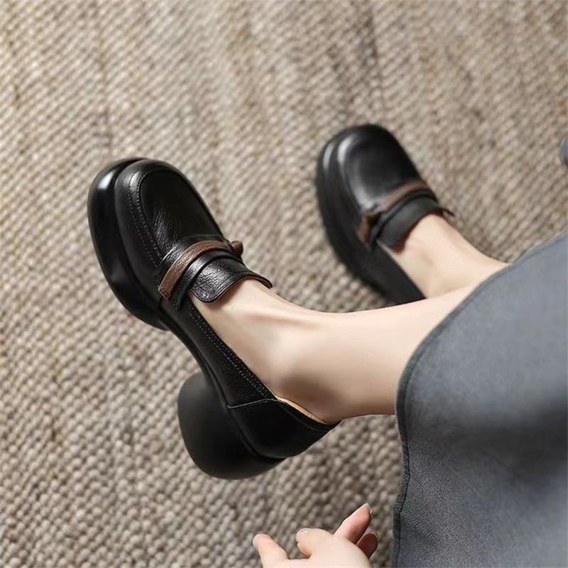 Ретро платформа маленькие кожаные туфли новые осенние однотонные туфли ленивые мягкая кожа высокий каблук толстый каблук 35 чёрный