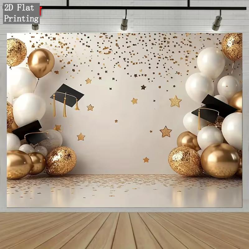 2D Graduation Backdrop, Gold White Balloon Cap Confetti Photo Background Banner