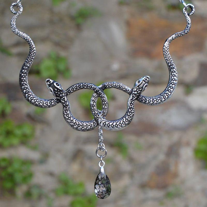 Double Snake Crystal Necklace - Silver Gothic Jewelry, Coiled Design