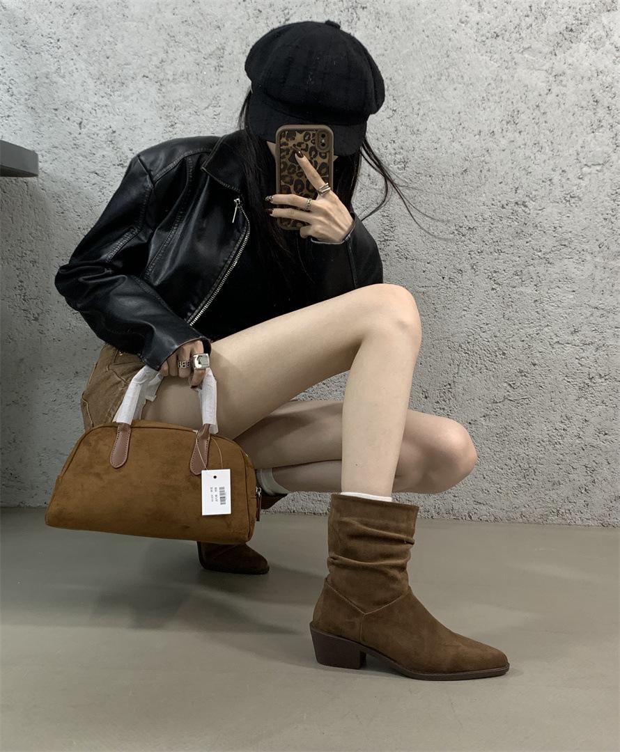 

Casual leather pointed short boots women s thick heel flip high heel pile boots 2025 autumn and winter new mid-tube western boots 39 світло-коричневого кольору