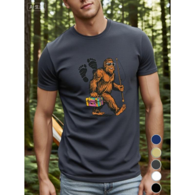 Men s Bigfoot Fishing Print T-shirt - Summer Casual Crew Neck Short Sleeve Regular Fit Top 6XL
