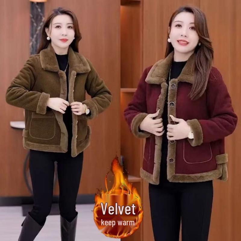 

Plus Size Stylish Short Winter Jacket for Aging & Slimming with Fleece for Middle-Aged and Elderly Women L серый