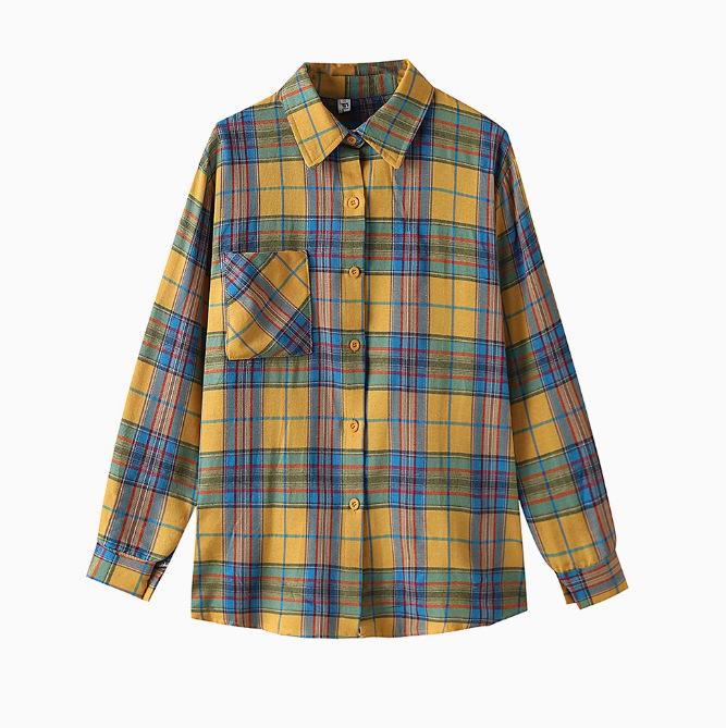 Korean chic spring and autumn new French yellow plaid shirt shirt jacket women's loose small long-sleeved top