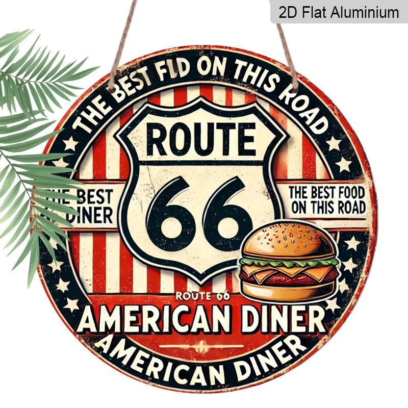 2D Flat 1pc, 8x8 in, Vintage Route 66 Metal Sign - Durable Aluminum, American Retro Diner Decor with Classic Hamburger Design, Ideal for Home