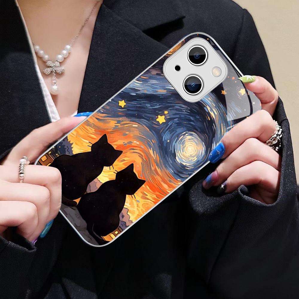 Starry Sky Cat Phone Case For IPhone 14 13 12 Mini 11 Pro XS Max X XR 14 Plus Tempered Glass Cover