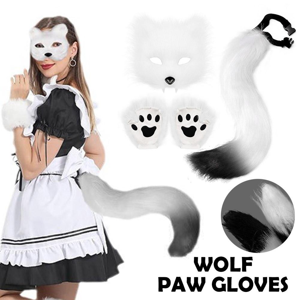 Flauschiger Pelz Schwanz Maske Handschuhe Katzenpfoten Hände Handschuhe Und Wolf Therian Maske Set Für Halloween Cosplay Kostüm Party Zubehör