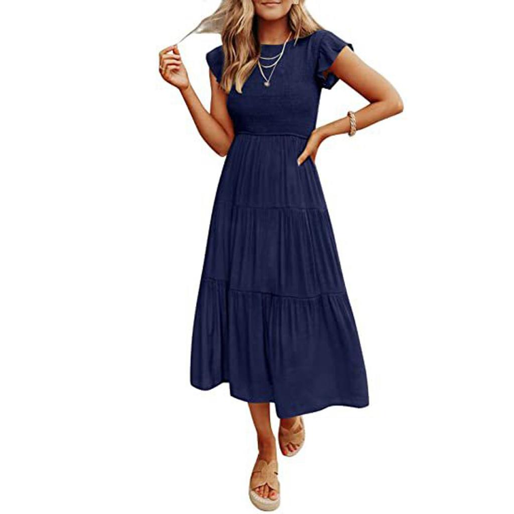 Mode Damen Freizeitkleid Mittellang Boho Schmetterlingsärmel A-Linie Langes Kleid