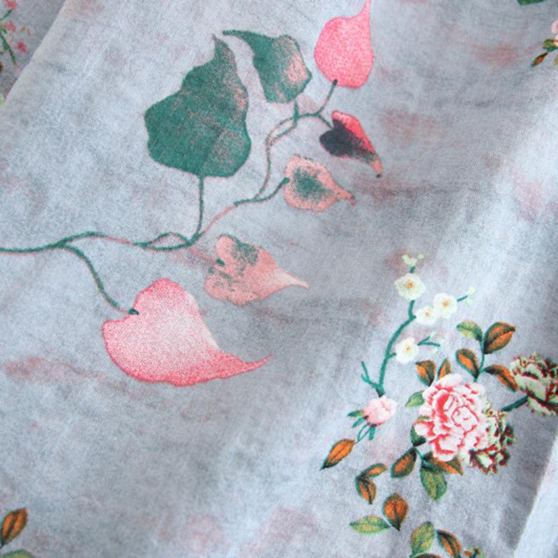 Japanischer Mori-Mädchen-Damen-Grau-Midirock, elastische Taille, Blumendruck, A-Linien-Rock, Prärie-Chic, Baumwolle, femininer langer Rock