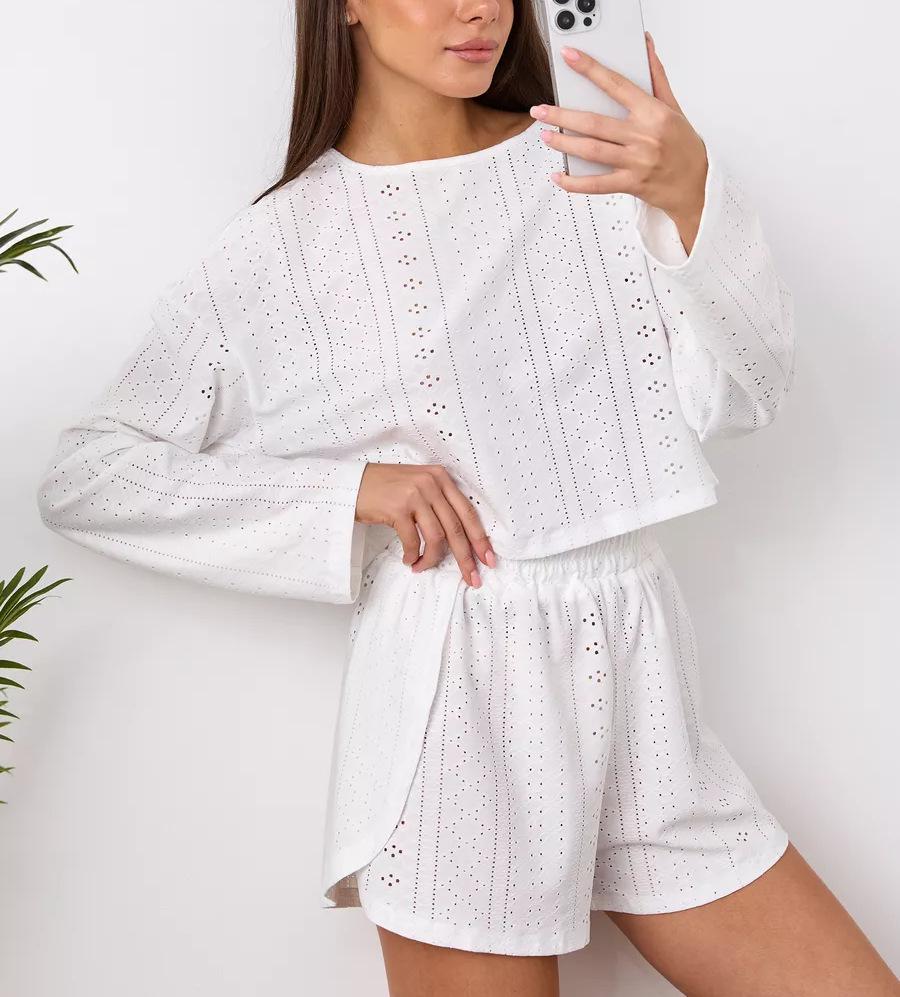 New TEMU Hot-Selling Women's Jacquard Pajama Set - Long Sleeve, High Waist Shorts, Round Neck