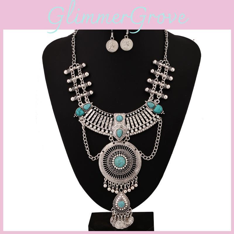 Ethnic Style Simulation Gemstone Decoration Women Necklace And Earring Set