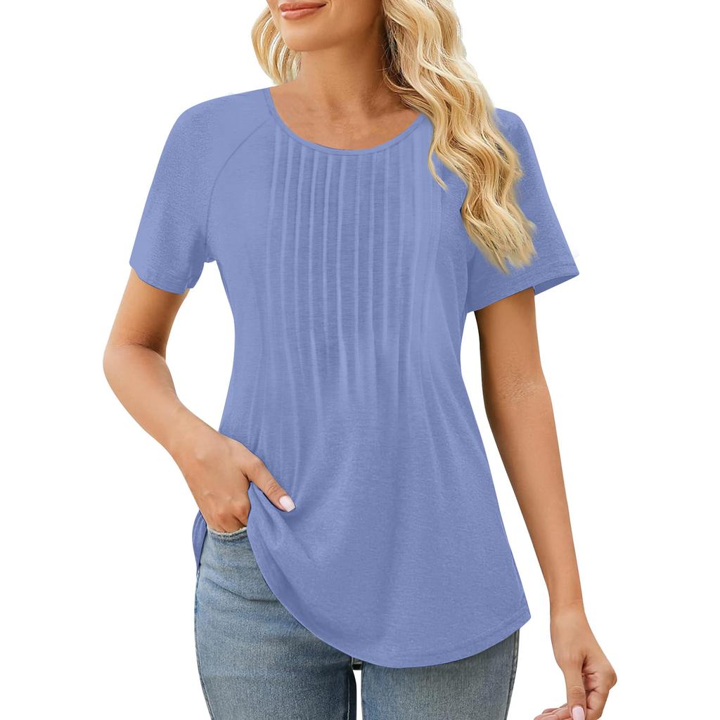 Womens T Shirts Short Sleeve Pleated  Casual Round Neck Summer Tops Blouses