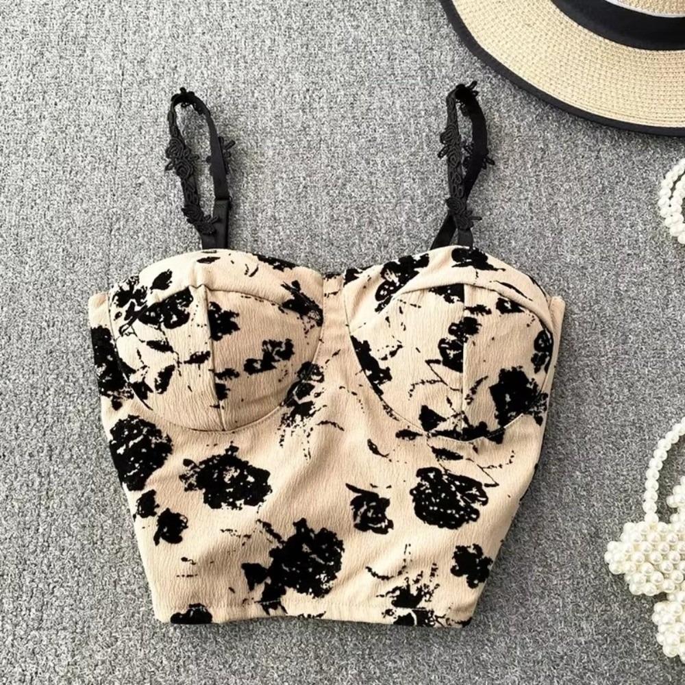 Padded Bra Elastic Camis Underwear Floral Print Corset Vest Women Tank Tops Sleeveless Blouse
