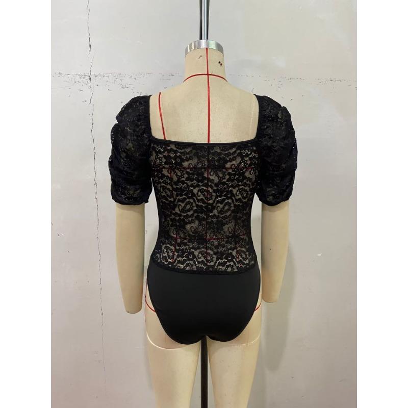 Women's Retro Romantic Sexy Lace Lace Deep V-neck Solid Color Puff Sleeve Bodysuits