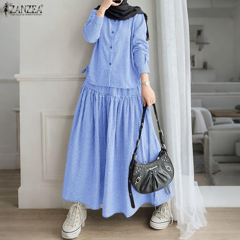 ZANZEA Women Long Sleeve Blouse and Long Skirts Plaid Print Two Piece Suit Sets