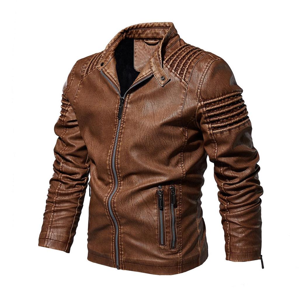 Fashion Men Vintage Cool Motorcycle Faux Leather Jacket Autumn Winter Long Sleeve Jacket Coat Stand Collar Club Bomber Jacket