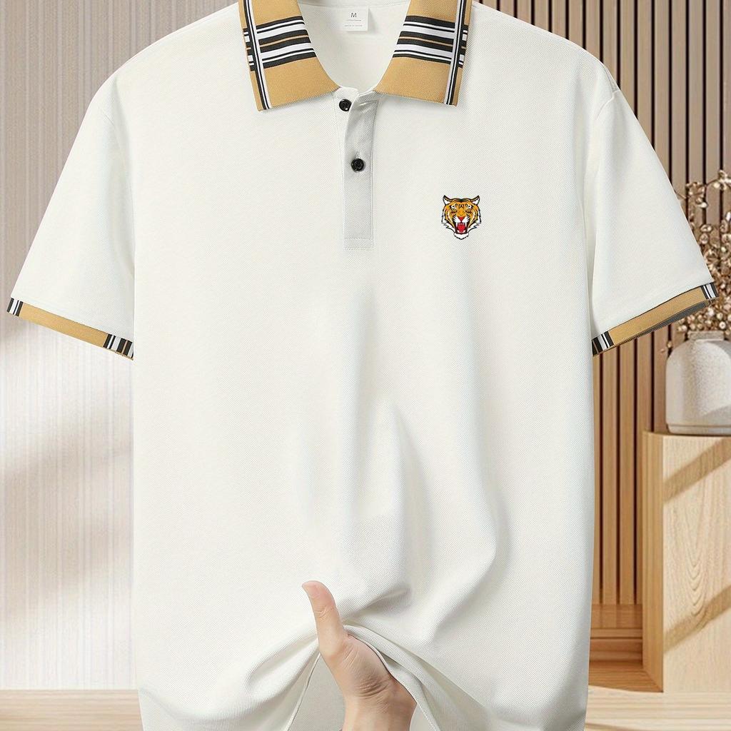 Herren Outdoor Golf T-Shirt mit Tigerkopf-Print, Einfaches Modehemd, Business Casual mit atmungsaktivem Kurzarm-Umlegekragen Outfit