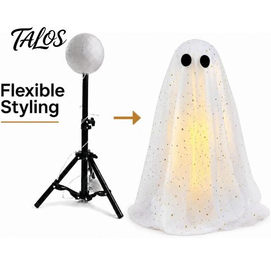 Adjustable Tripod Ghost Stand Halloween Decoration with Broom, Spooky Sequins Mesh White Ghost, Cute Reusable Figure Standing for Party, Home, Table,